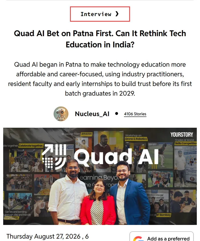 YourStory: Quad AI Bet on Patna First. Can It Rethink Tech Education in India?